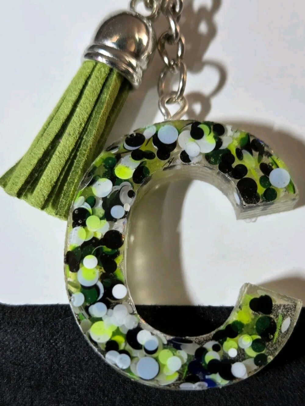 Resin Letter 'C' Keychain with Lime Green Tassel